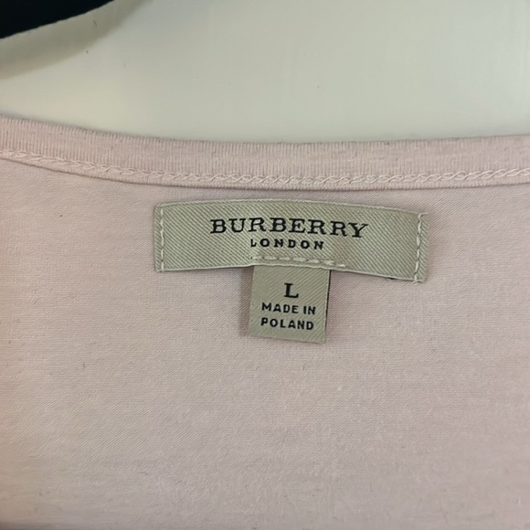 Pink Burberry Tshirt with plaid Burberry trim on V neck front. - Picture 2 of 5